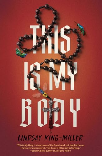 Book cover: Rosary, cross, and insects against a red background.
