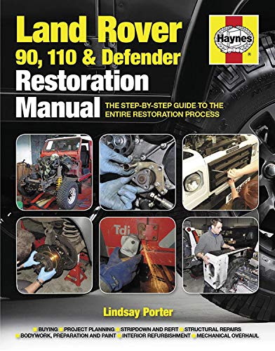 Front cover of a Land Rover restoration manual featuring six photos of repair work.