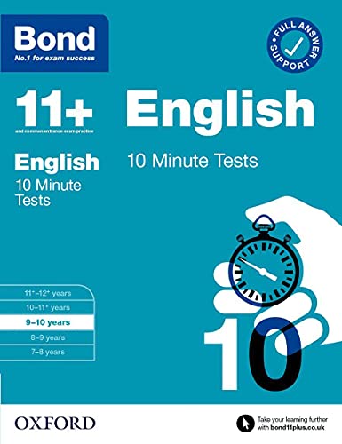 Blue book cover with "11+ English" title, stopwatch, and large number 10.