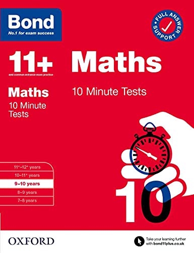 Red book cover with "11+ Maths 10 Minute Tests" and a stopwatch.