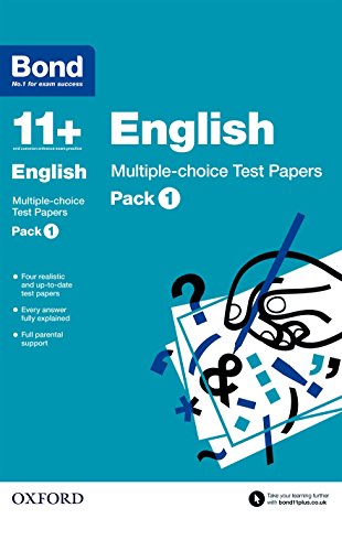 Blue cover with “Bond 11+ English Multiple-choice Test Papers: Pack 1” text.