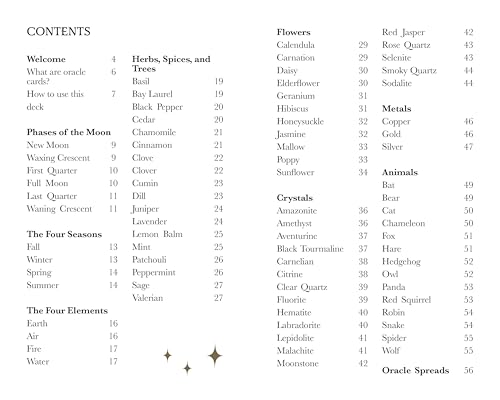 Table of contents from "The Witch of the Forest's Earth Oracle Deck.