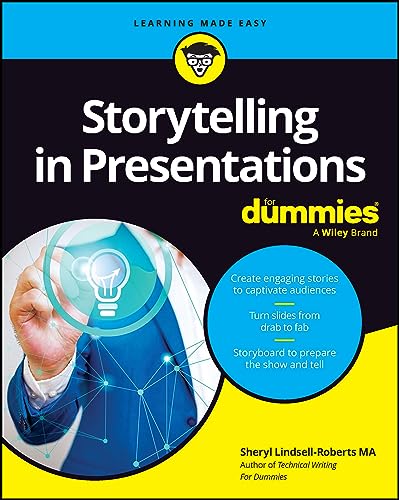 Book cover: "Storytelling in Presentations For Dummies" with a lightbulb image.