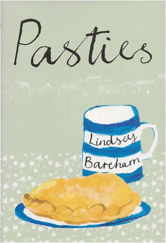 Book cover with illustration of a pasty, mug, and townscape.