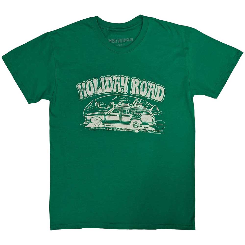 A black unisex t-shirt featuring a Lindsey Buckingham Holiday Road graphic on the front.