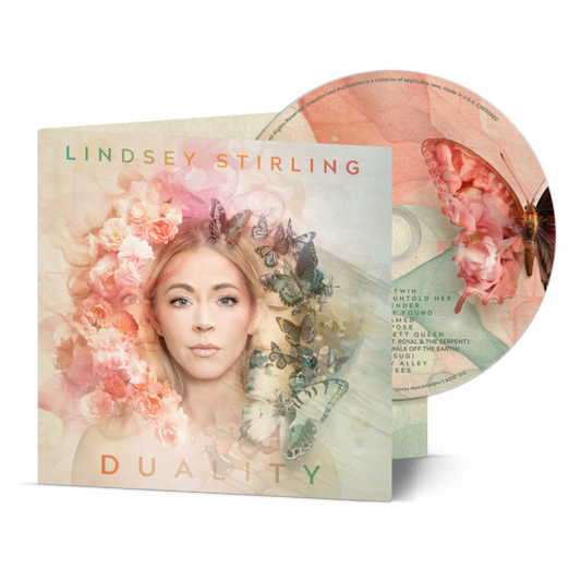 Lindsey Stirling Duality CD cover featuring her portrait, flowers, and butterflies with matching disc.