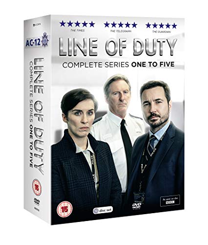 DVD box set of Line of Duty series one to five featuring three main characters.
