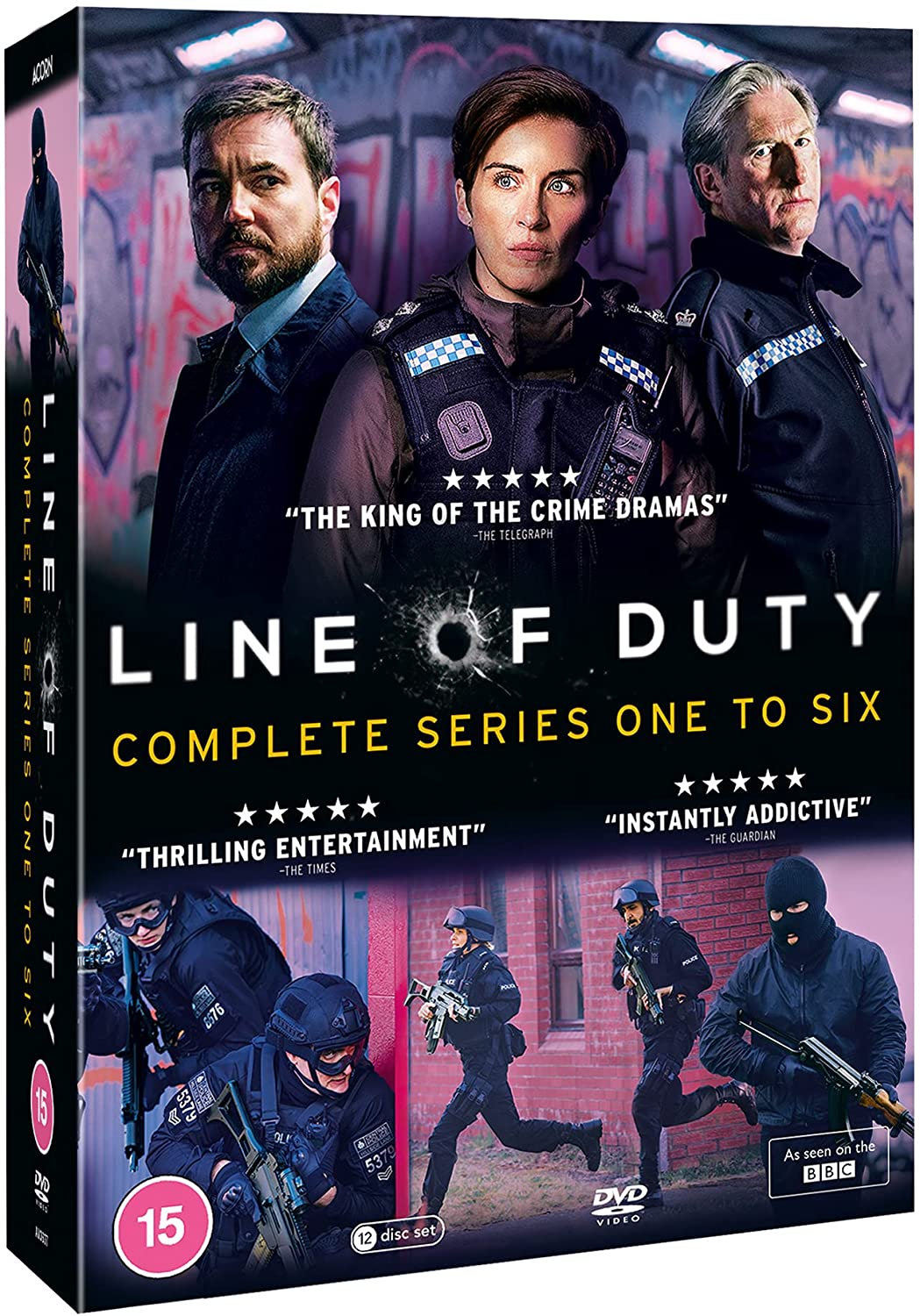 DVD boxset cover for "Line of Duty" series 1-6, featuring police characters and suspects.