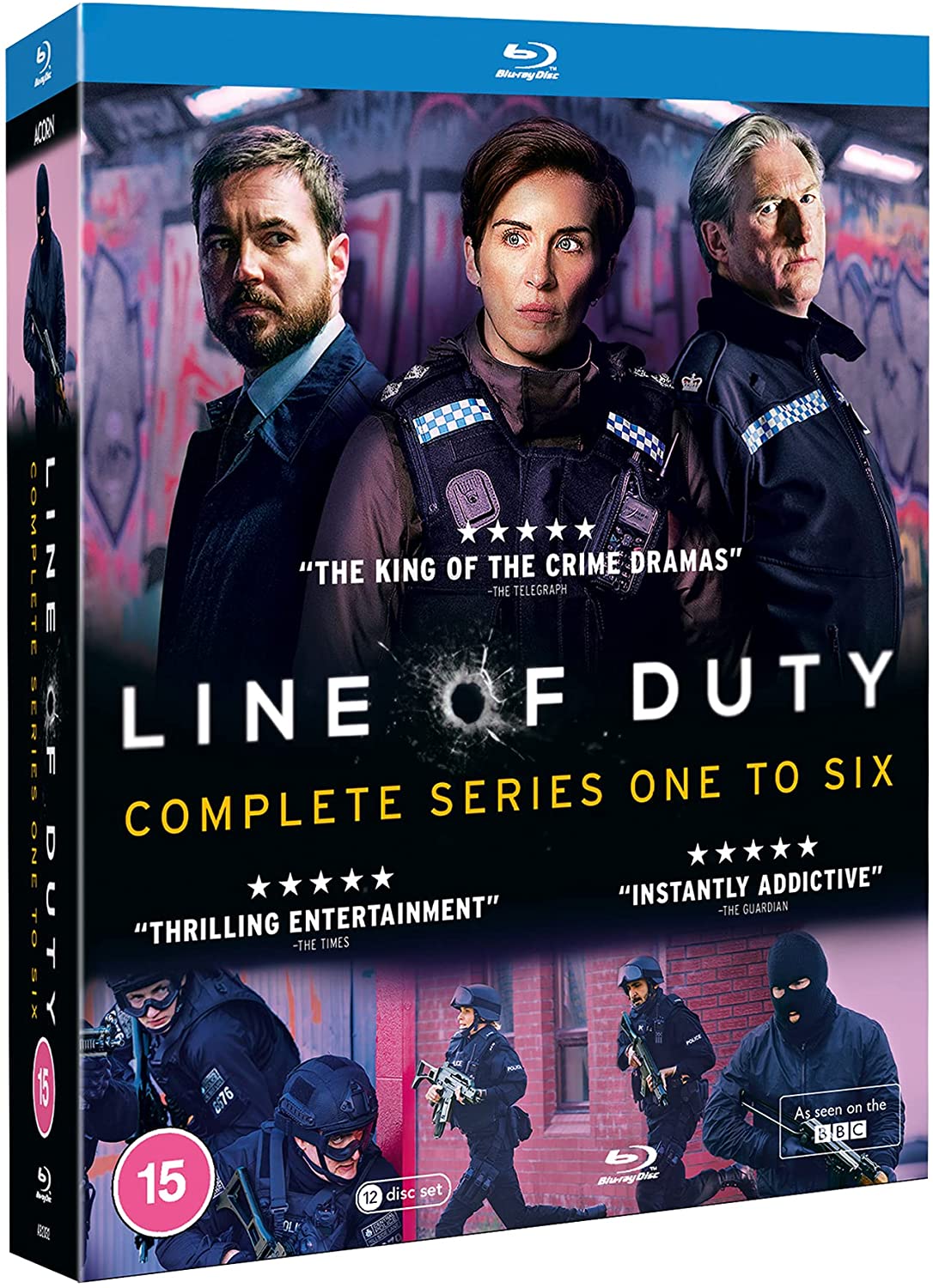 "Blu-ray box set with 'Line of Duty' cover art featuring police officers and masked figures."
