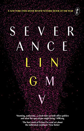 Book cover with white and yellow text on a black background of pink particles.