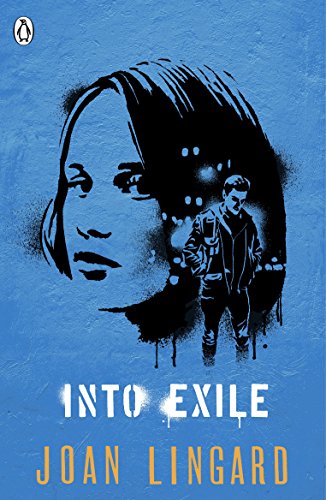 Book cover featuring a blue background, a woman's face, and a man standing below.