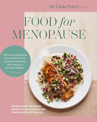 Book cover: "Food for Menopause" with a plate of salmon and grains.
