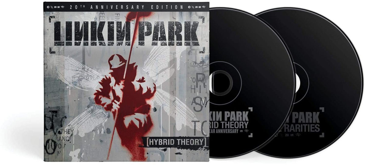 "Linkin Park Hybrid Theory CD case with two black CDs, grey and red cover art."