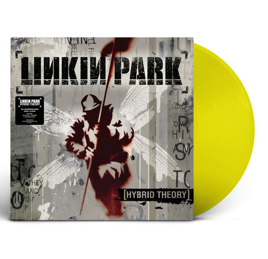 Yellow vinyl record of Linkin Park’s “Hybrid Theory” album with cover art.