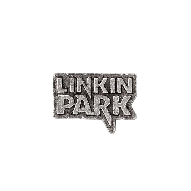 Silver Linkin Park logo pin badge with textured, block lettering.