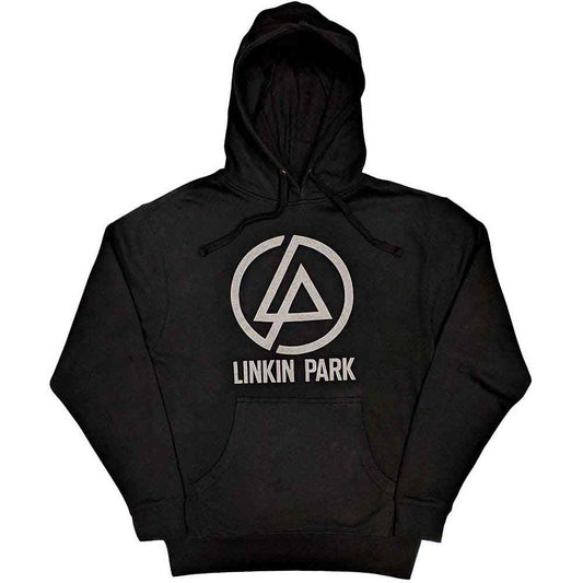 A person wearing a black Linkin Park hooded sweatshirt with a white concentric logo.