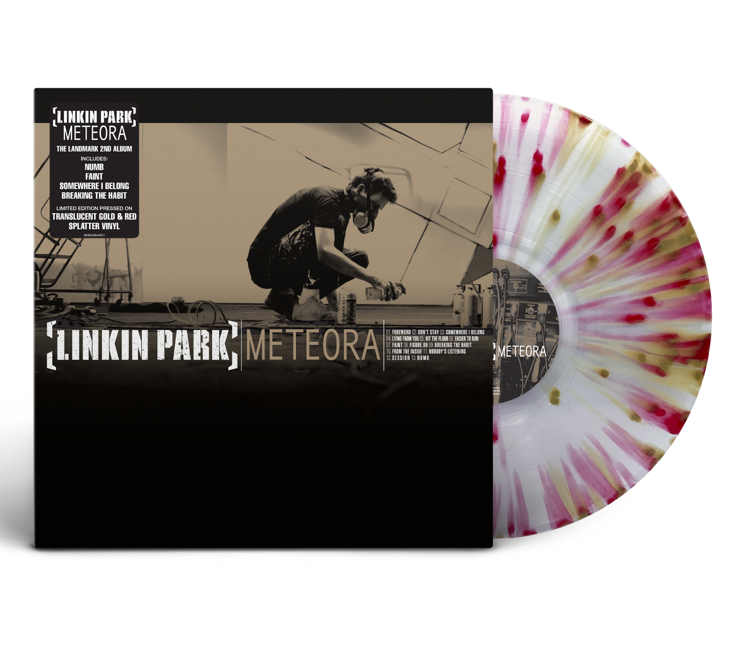 Linkin Park Meteora album cover and a translucent vinyl record with red and gold splatter.
