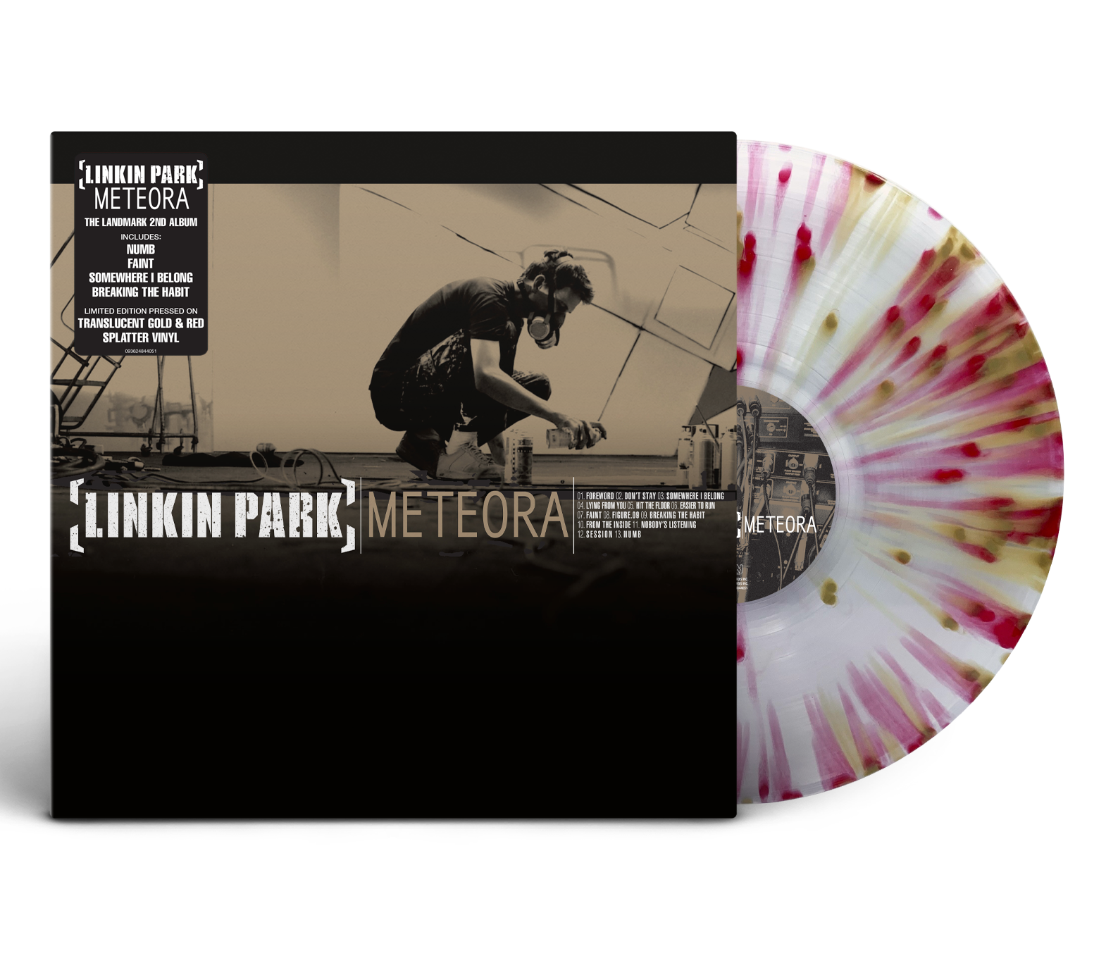 Linkin Park Meteora album cover and a translucent vinyl record with red and gold splatter.