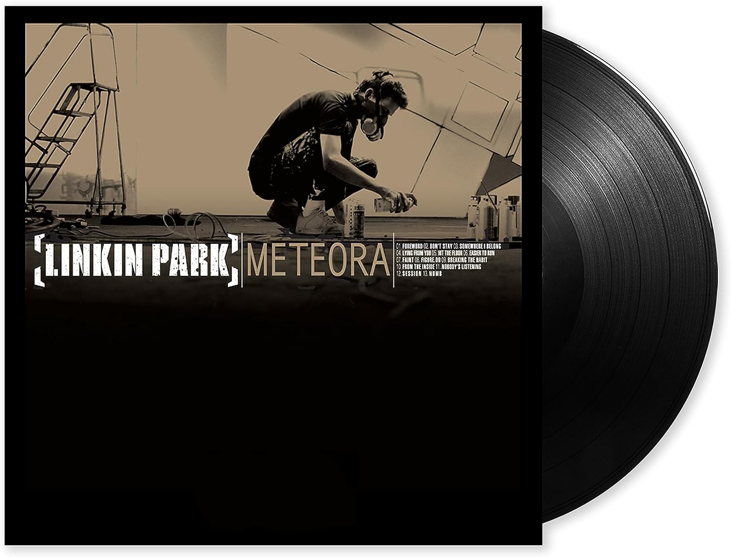 Linkin Park's Meteora vinyl record, black disc with album cover visible.