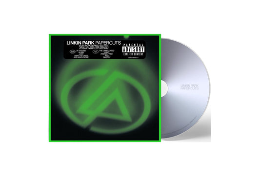 Linkin Park “Papercuts” CD with a teal, geometric design and silver disc.