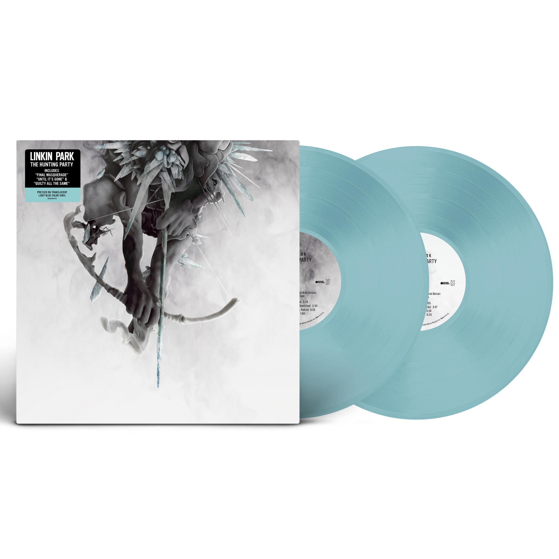 Linkin Park "The Hunting Party" blue vinyl LP record with album cover.