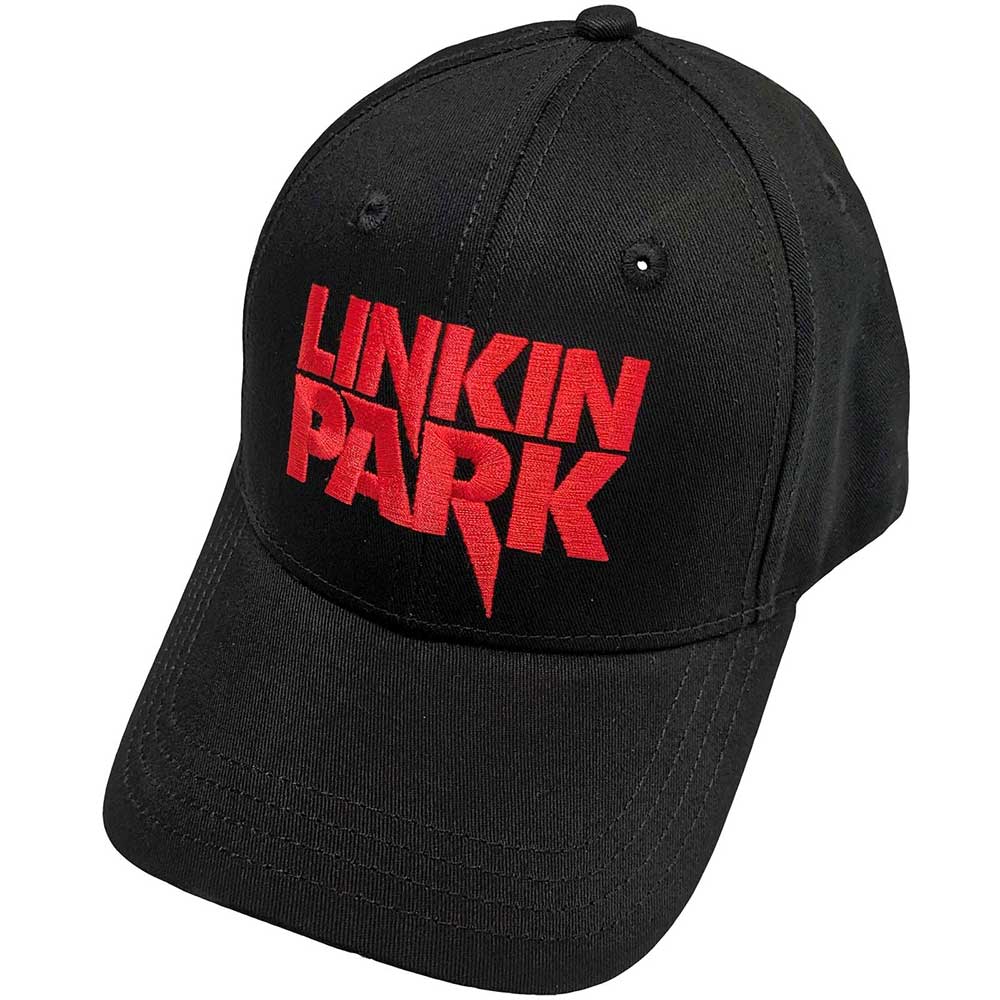 Red baseball cap with white Linkin Park logo on the front.