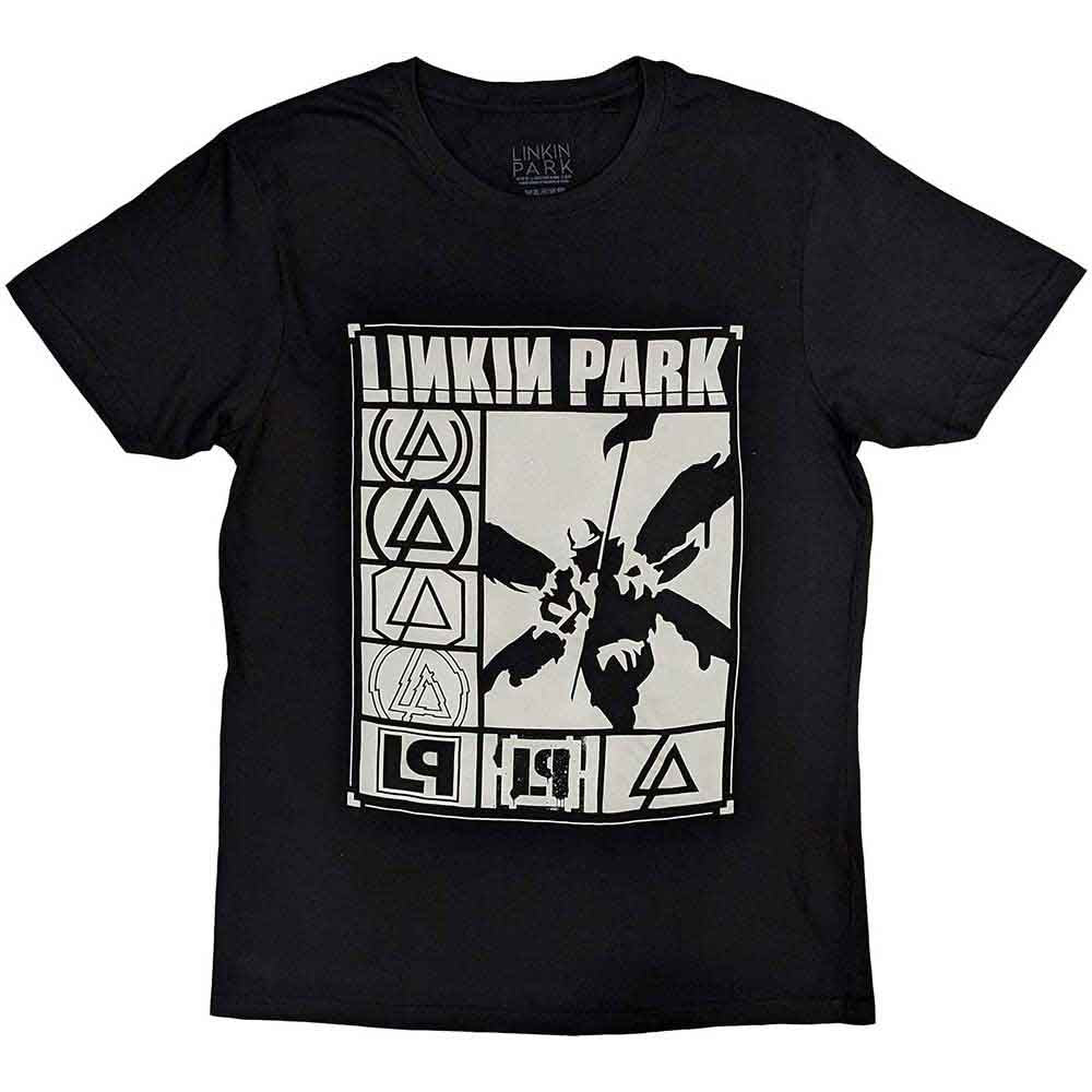 Small black t-shirt with rectangular Linkin Park logos graphic.