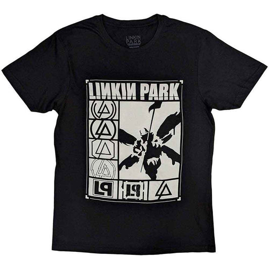 Small black t-shirt with rectangular Linkin Park logos graphic.