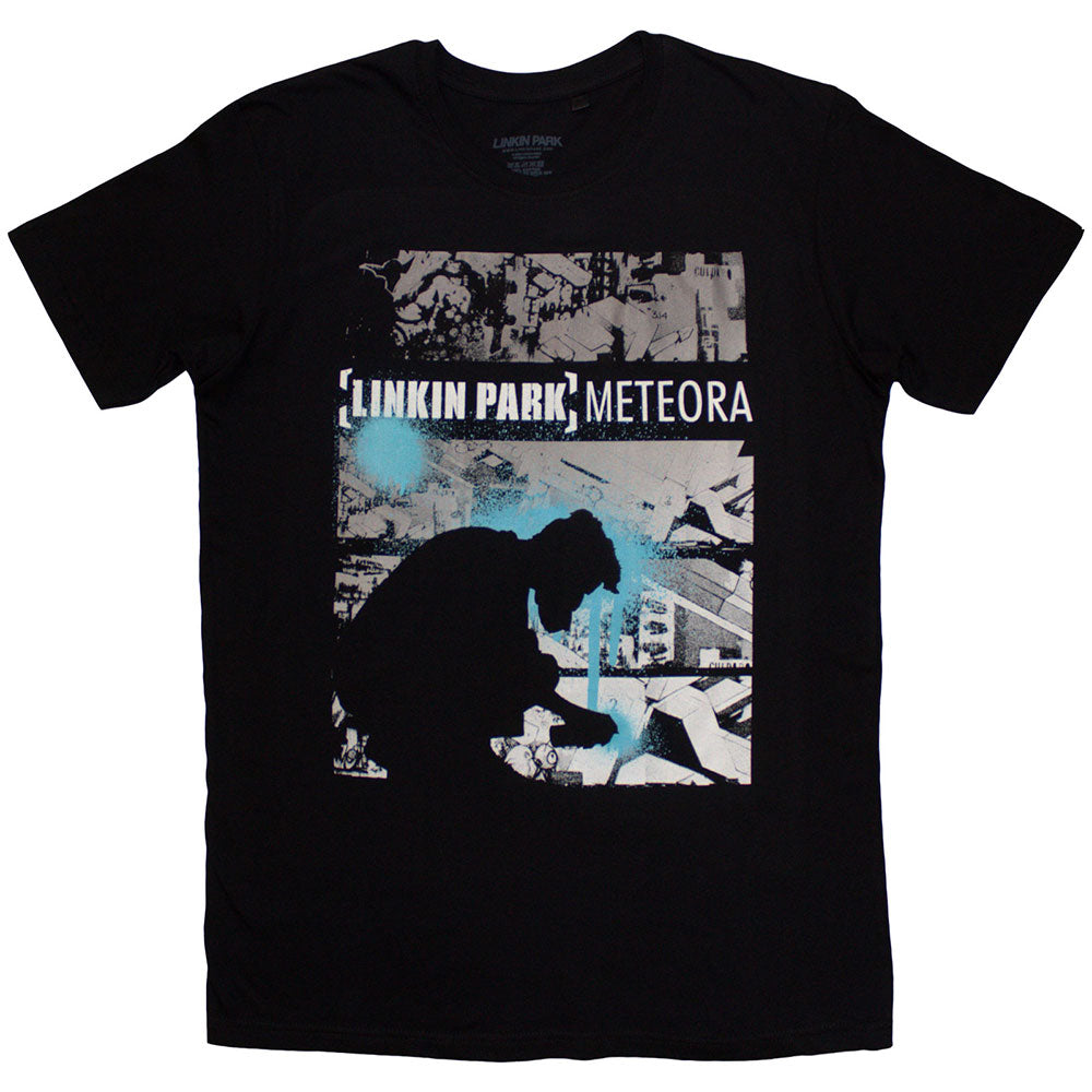 Large black t-shirt with a collage design inspired by Linkin Park’s Meteora album.