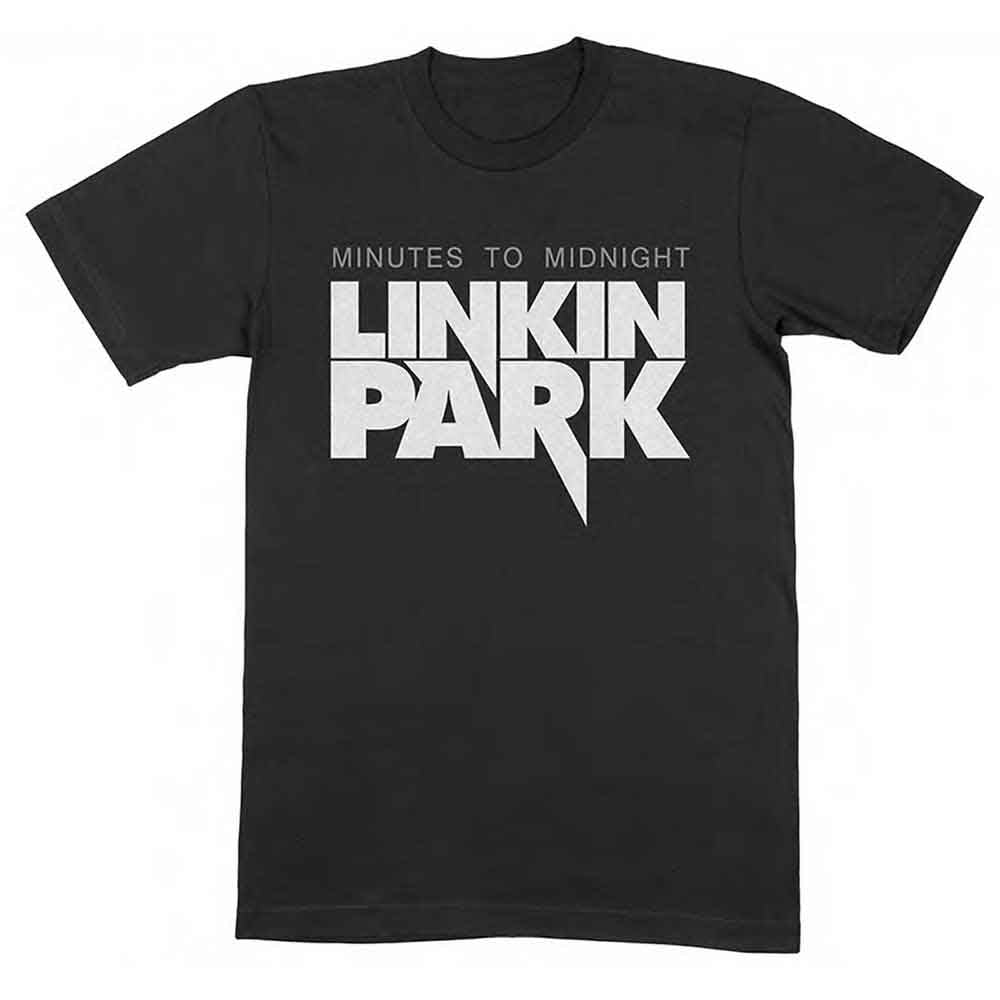 Black t-shirt with white “Linkin Park” and “Minutes to Midnight” text.