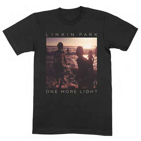 Black t-shirt with white Linkin Park "Hybrid Theory" album art graphic.