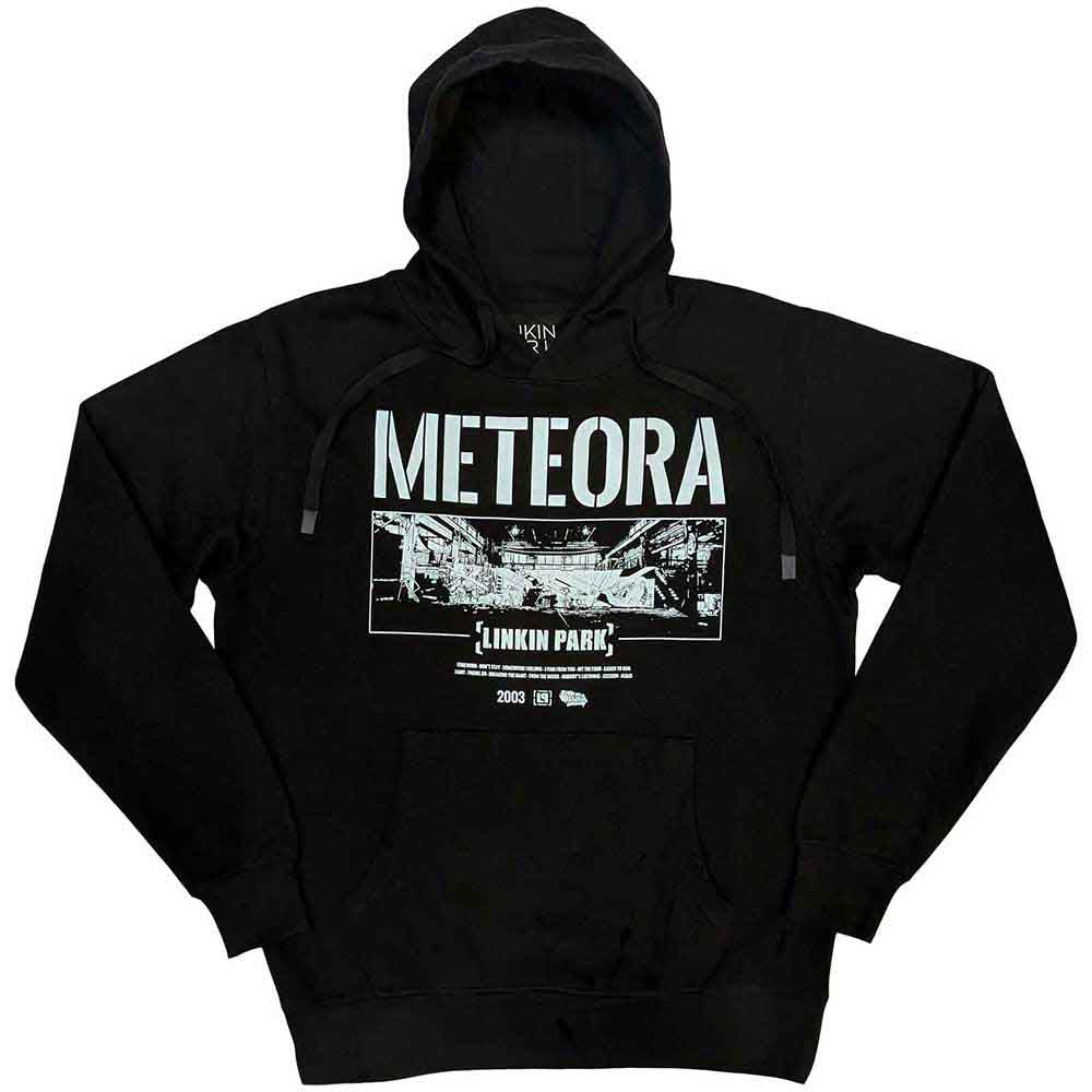 Dark gray hoodie with Linkin Park’s Meteora album wall art design, size large.