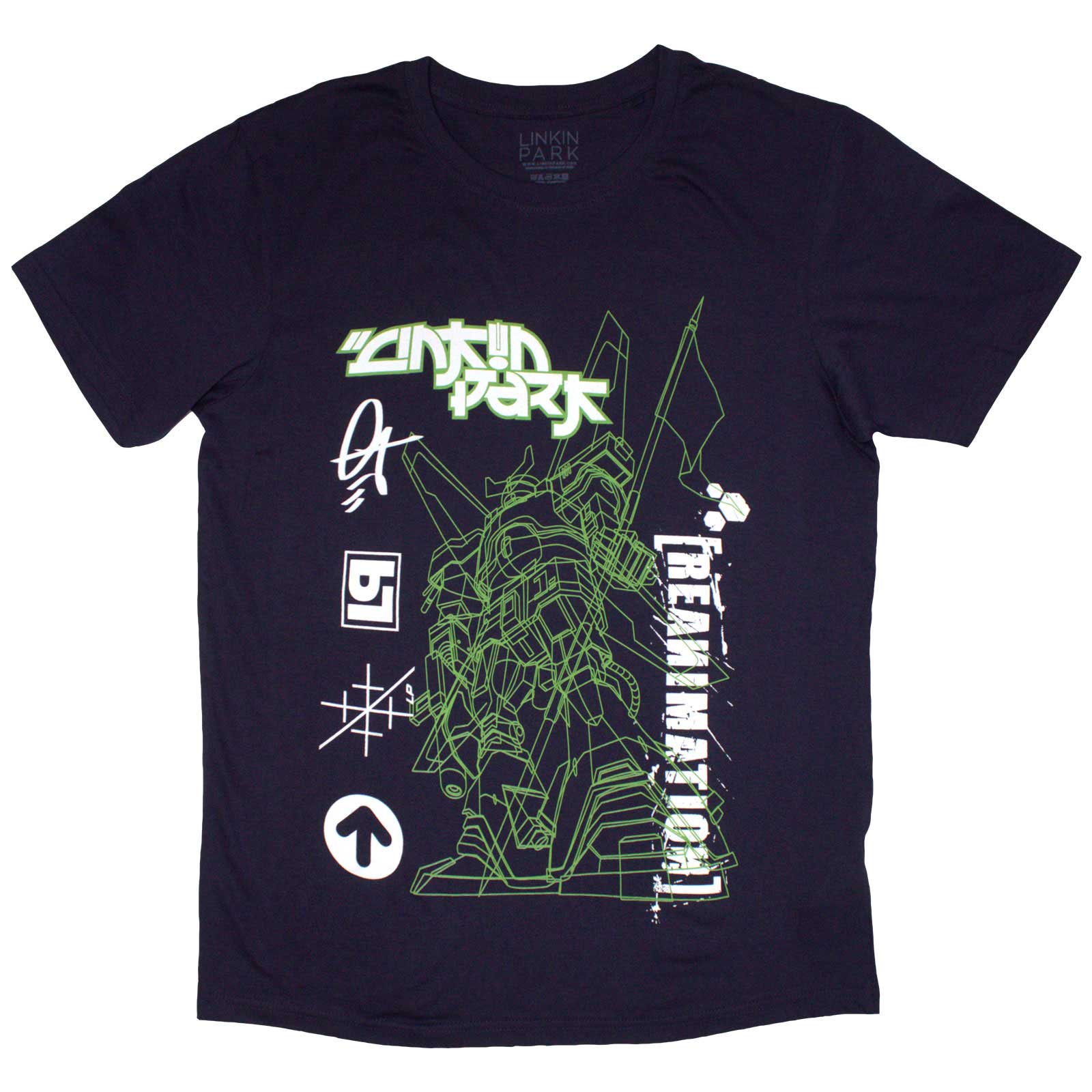 Large black t-shirt featuring a sketched robot face from Linkin Park’s Reanimation album.