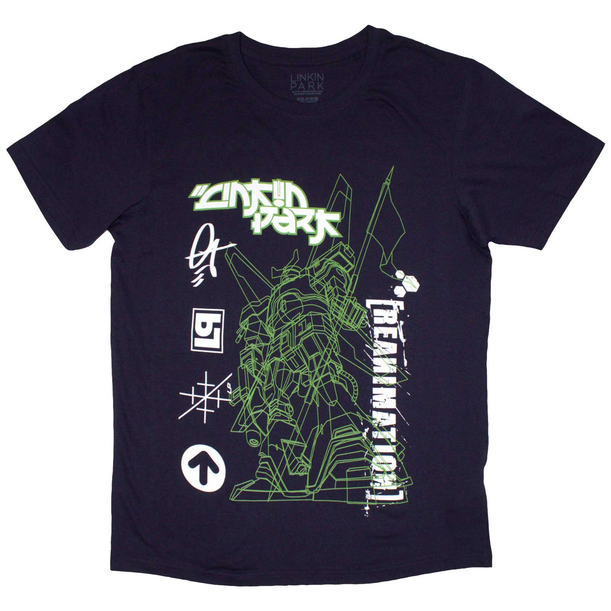 Large black t-shirt featuring a sketched robot face from Linkin Park’s Reanimation album.