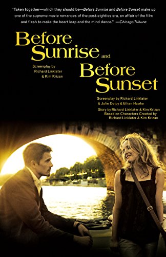 Book cover for “Before Sunrise & Before Sunset” screenplays, featuring two actors.