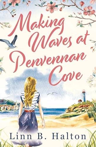 Book cover: woman on beach looking at lighthouse, floral accents.