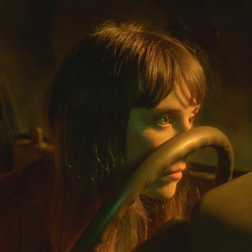 Close-up portrait of a young woman with long brown hair, warm lighting.