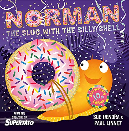 An orange slug with a donut shell on a purple background with confetti.