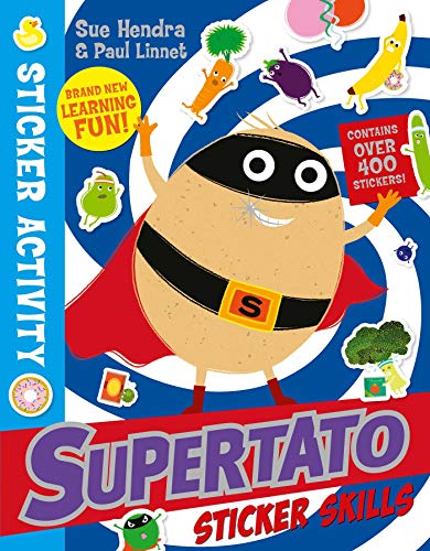 Superpotato, a superhero potato, with colorful vegetable stickers.
