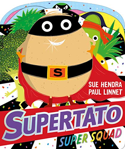 Superhero potato with mask and cape, with other vegetable characters.