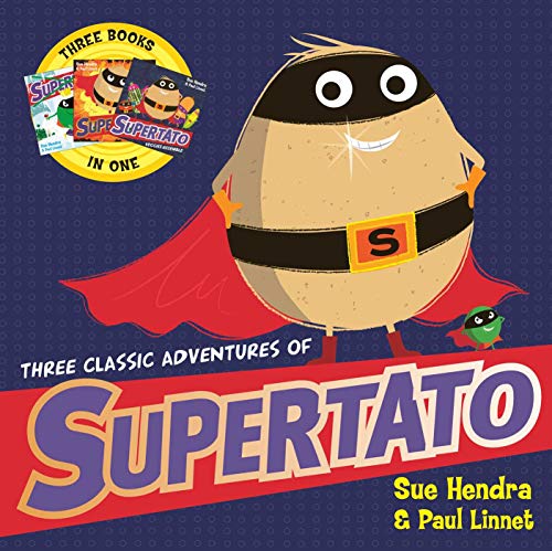 Supertato, a potato superhero, with three book covers in the background.
