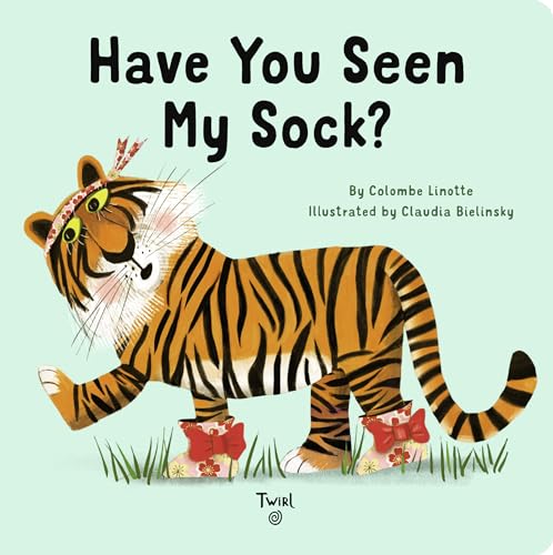 Book cover: tiger wearing red floral socks, green grass background.