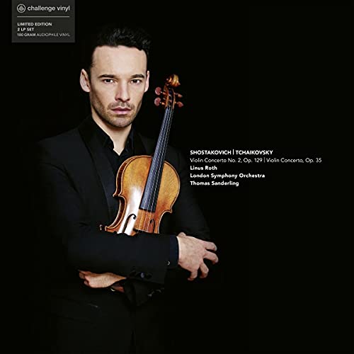 Linus Roth holding a violin, album cover for Shostakovich and Tchaikovsky.