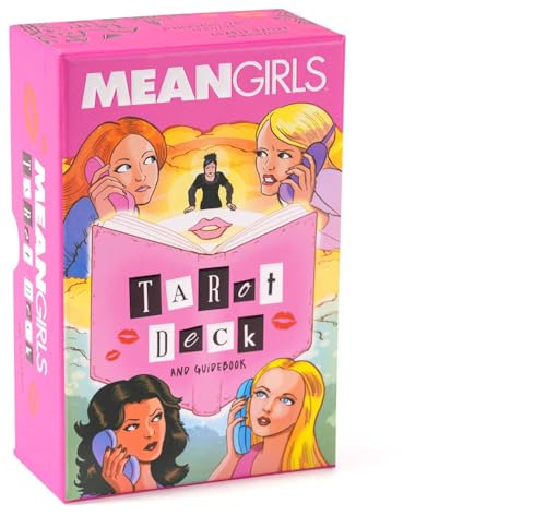 Pink "Mean Girls" tarot deck box with illustrated characters and text.