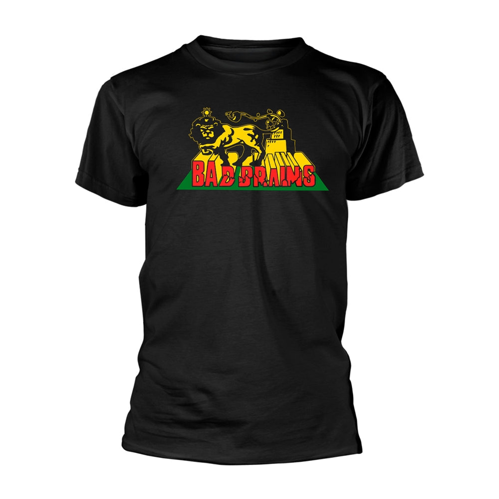 Black t-shirt with a gold lion and “BAD BRAINS” text graphic.