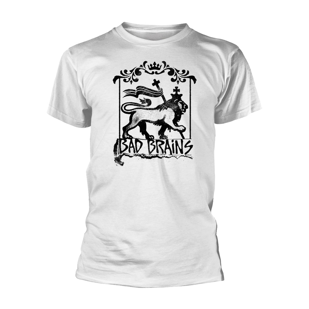 White t-shirt with a black and white graphic of a lion and text.