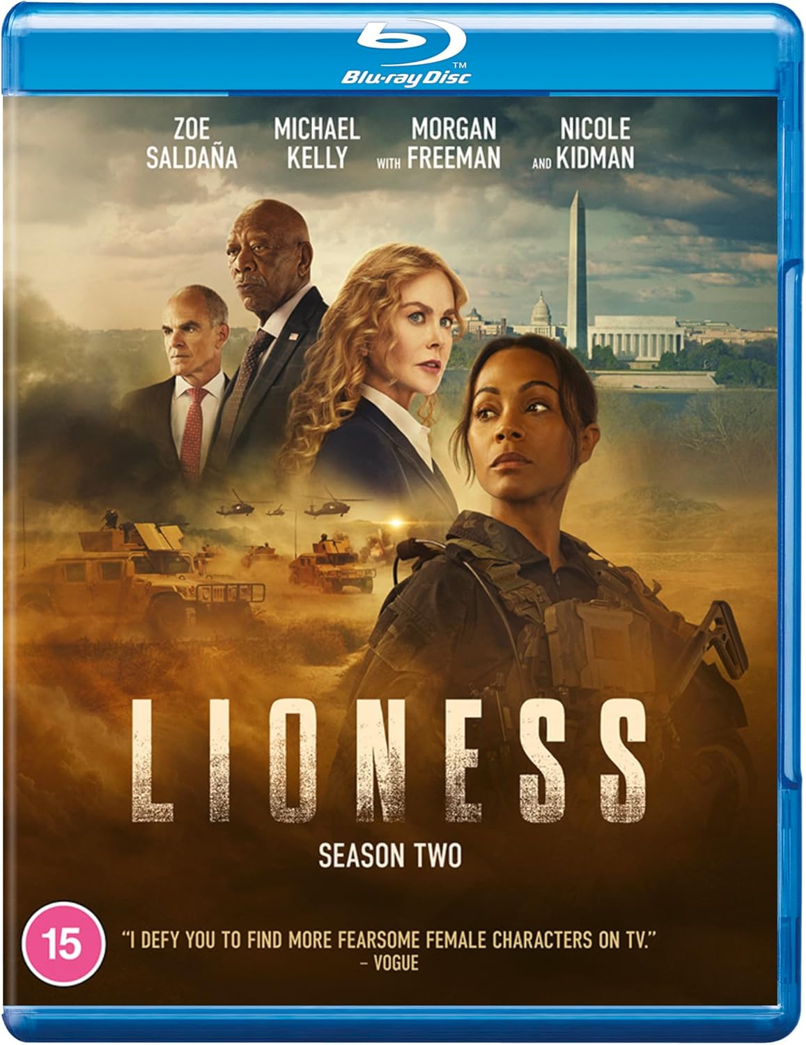 Blu-ray cover for "Lioness" Season Two, featuring Zoe Saldaña, Michael Kelly, and Nicole Kidman.
