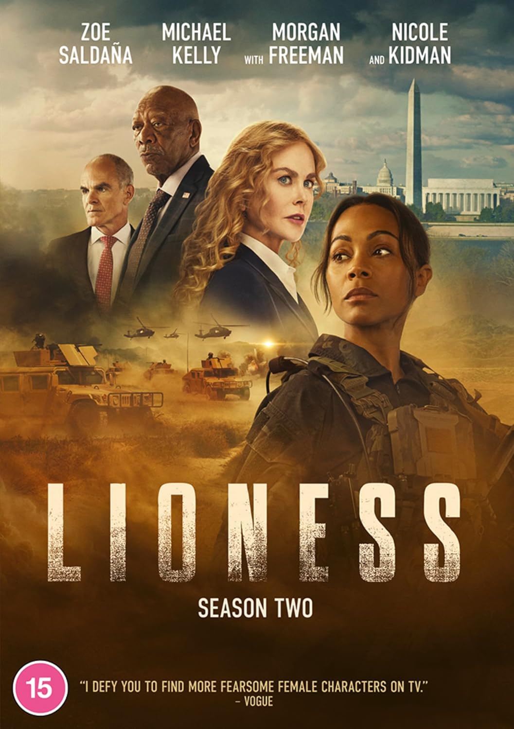 “Lioness” Season Two DVD cover featuring Zoe Saldaña, Morgan Freeman, and Nicole Kidman.