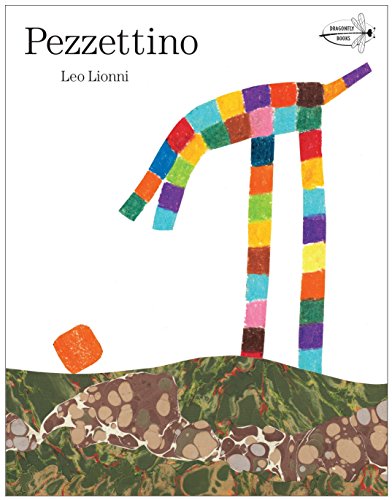 Book cover: colorful, patchwork animal on a textured green hill.