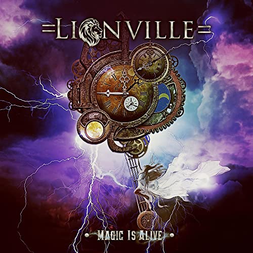 CD cover: Steampunk clockwork, lightning, and a figure in a stormy sky.